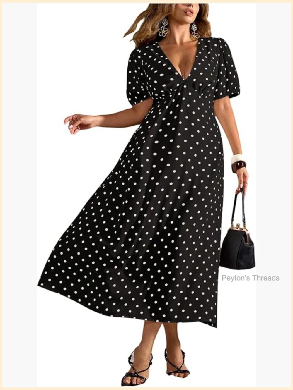 Women's Plus Size Polka Dots V Neck Maxi Dress Puff Sleeve Vintage Beach A Line
